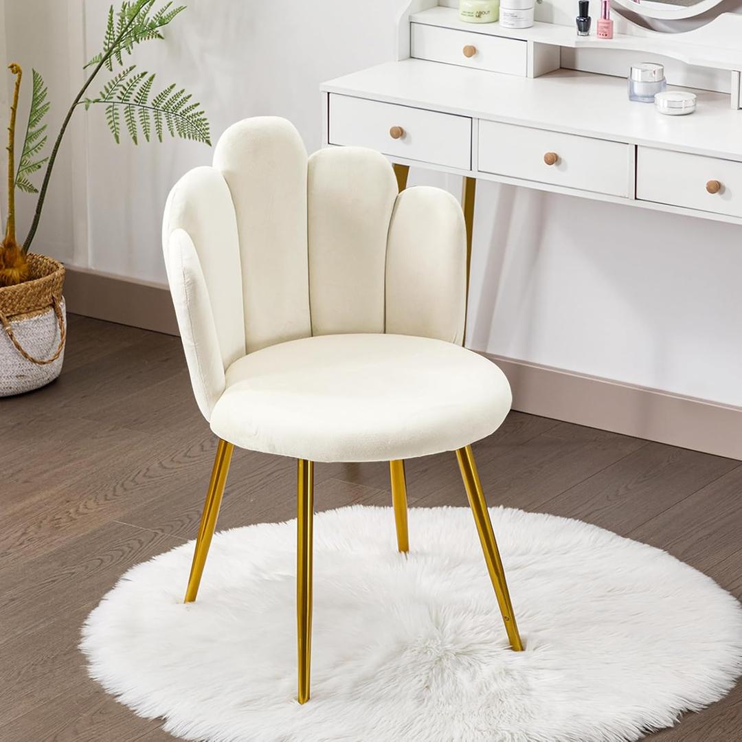 Vanity Chair for Makeup Room - Midcentury Modern Accent Chair for Living Room Bedroom, Makeup Chair with Back Support Velvet Chair with Gold Legs (Cream) (Beige)