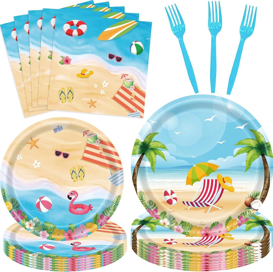 96 Pieces Summer Beach Tableware Set Party Supplies – Tropical Themed Disposable Dinnerware with Paper Plates, Napkins, and Forks for Picnics, Birthdays, Pool Celebrations – Serves 24