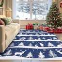 GarveeHome Blue 5x7 Area Rugs for Living Room, Washable Rug for Home Decor, Indoor Non Slip Carpet, Soft Low Pile Christmas Rug with Xmas Tree Reindeer Snowflake for Bedroom, Dining Room