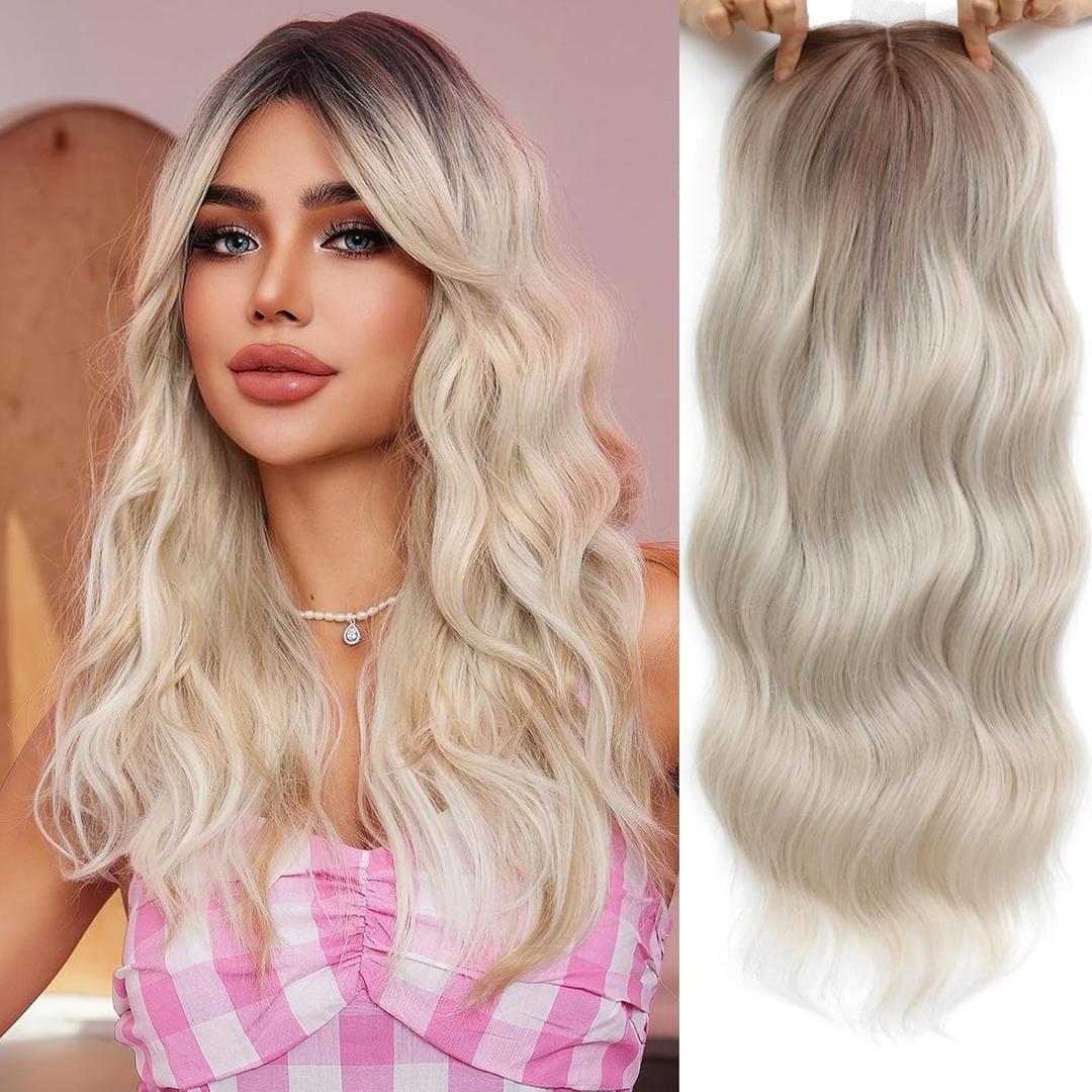 Hair Toppers for Women, 20 Inch Toppers Hair pieces for Women with Thinning Hair Big Base Curly Wavy Wiglets Cover 360 3D Middle Part Clip in Bangs (Highlights Ash Blonde with Brown Root)