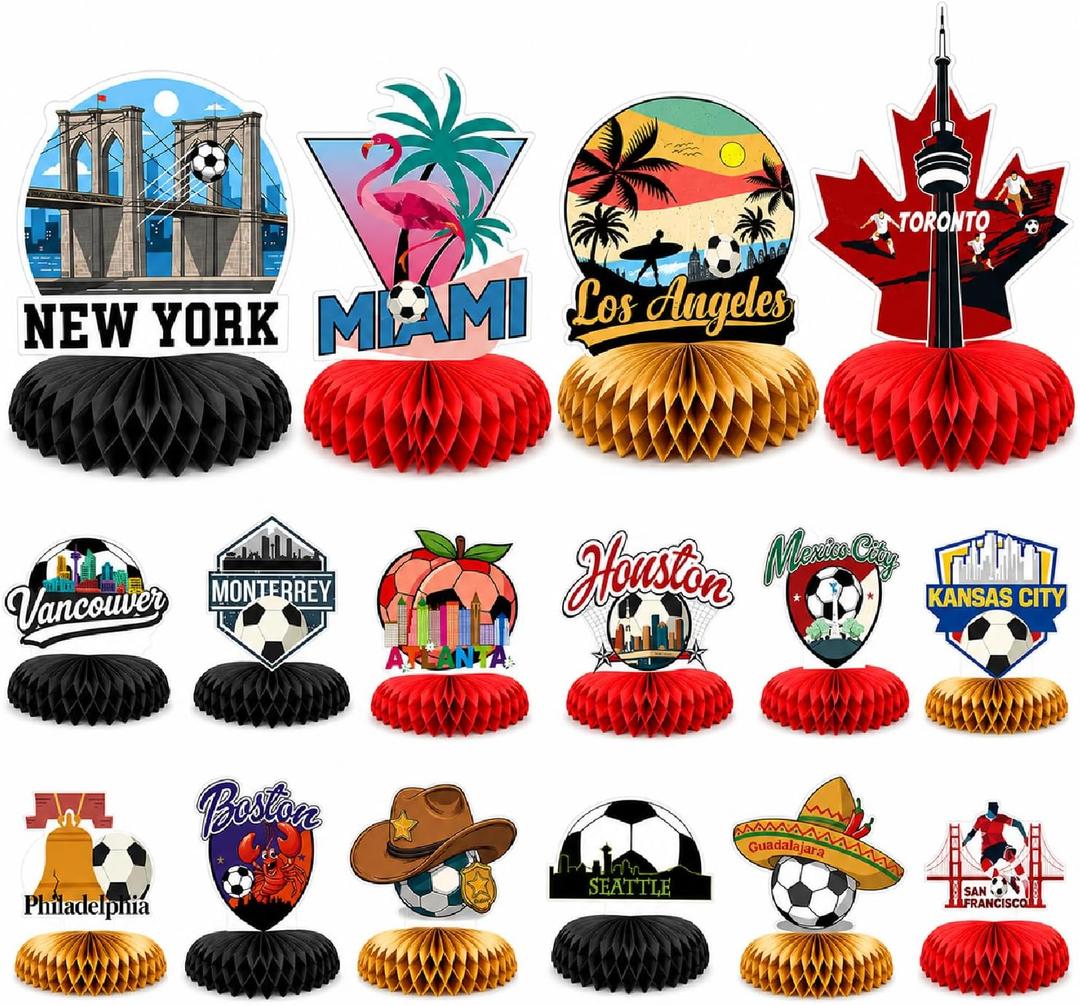 2 x Huwena 16 Pcs Soccer Party Decorations Honeycomb Centerpieces, North America Host City Themed Table Toppers, Double-Sided Print Soccer Game Day Table Supplies for Fans, Watch Party, Birthday