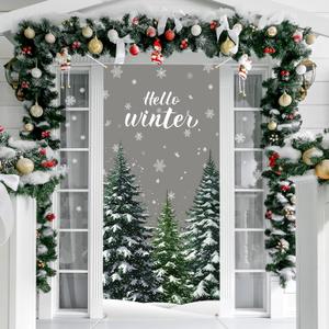 Winter Door Cover Decoration Hello Winter Front Door Cover Banner Christmas Forest Decoration Backdrop for Xmas Party Indoor Outdoor Decor Background 70.9 x 35.4in