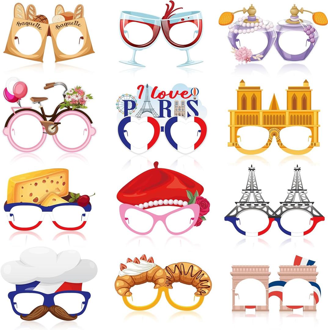 36 Pcs Paris Party Decorations France Theme Eyeglasses Paper Glasses Frame Eiffel Tower Photo Booth Props French Party Favors for Paris Baby Shower Birthday Supplies