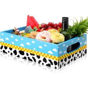 Cartoon Birthday Party Supplies Blue Sky White Clouds Theme Wooden Snack Tray Toy Party Baby Shower Supplies Reusable Snack Organizer with Handles for Decorations