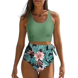 Dokotoo Two Piece Swimsuit for Women Tropical Print Fashion Crewneck Racerback Sexy High Waisted Swimsuits, Green Small