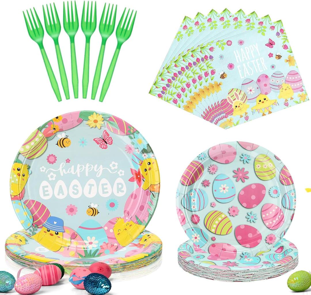 SiliFine 96 Pcs Easter Plates and Napkins Disposable Dinnerware Supplies for 24 Guests, Paper Tableware Include 9" Dinner Plates, 7" Dessert Plates, Napkins, Forks for Easter Spring Party (Egg)