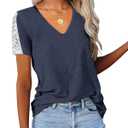 Eachyes Lace Short Sleeve Shirts for Women Trendy Summer Casual V Neck Tops Blouses Navy Blue XX-Large