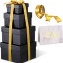 Marspark 4 Pcs Christmas Nesting Gift Boxes with Lids Stackable Square Nested Boxes Set with Ribbon Large to Small Size Prank Annoying Nested Gift Wrapping for Valentine, Weddings, Birthday(Black)