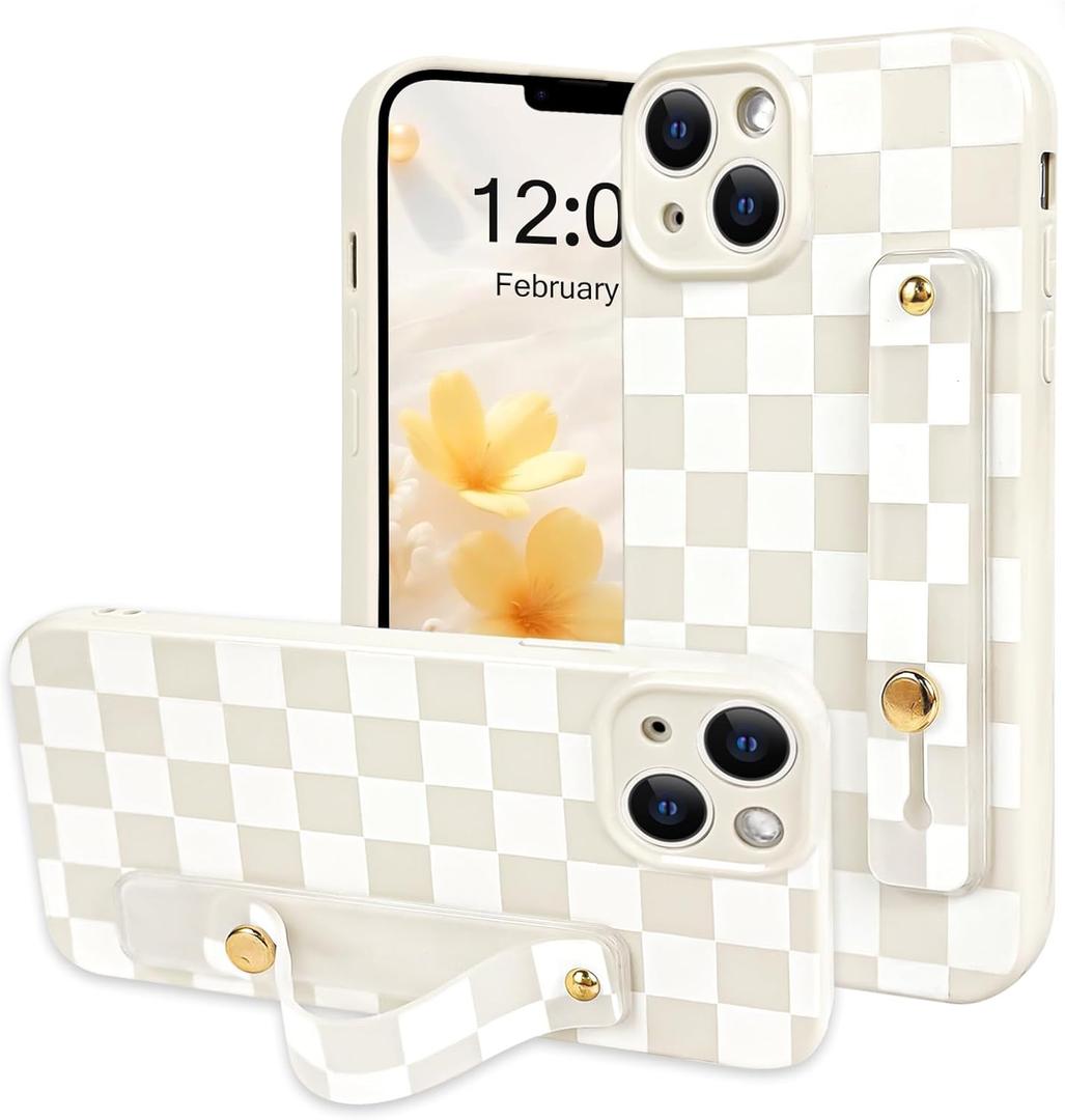 NITITOP Compatible with iPhone 13 Case with Wrist Strap Kickstand Cute Trendy Checkerboard Plaid for Women Girls Slim Fit TPU Silicone Shockproof Full Camera Protective Cover - White