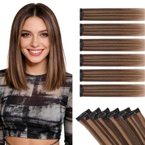 Benehair 6PCS 6 Clips In Human Hair Extensions Dark Brown Mix Light Brown Short Straight Mini Clip Ins Balayage Highlights Natural Clip On Hairpin Hairpiece For Women 10inch 30g #2RP6