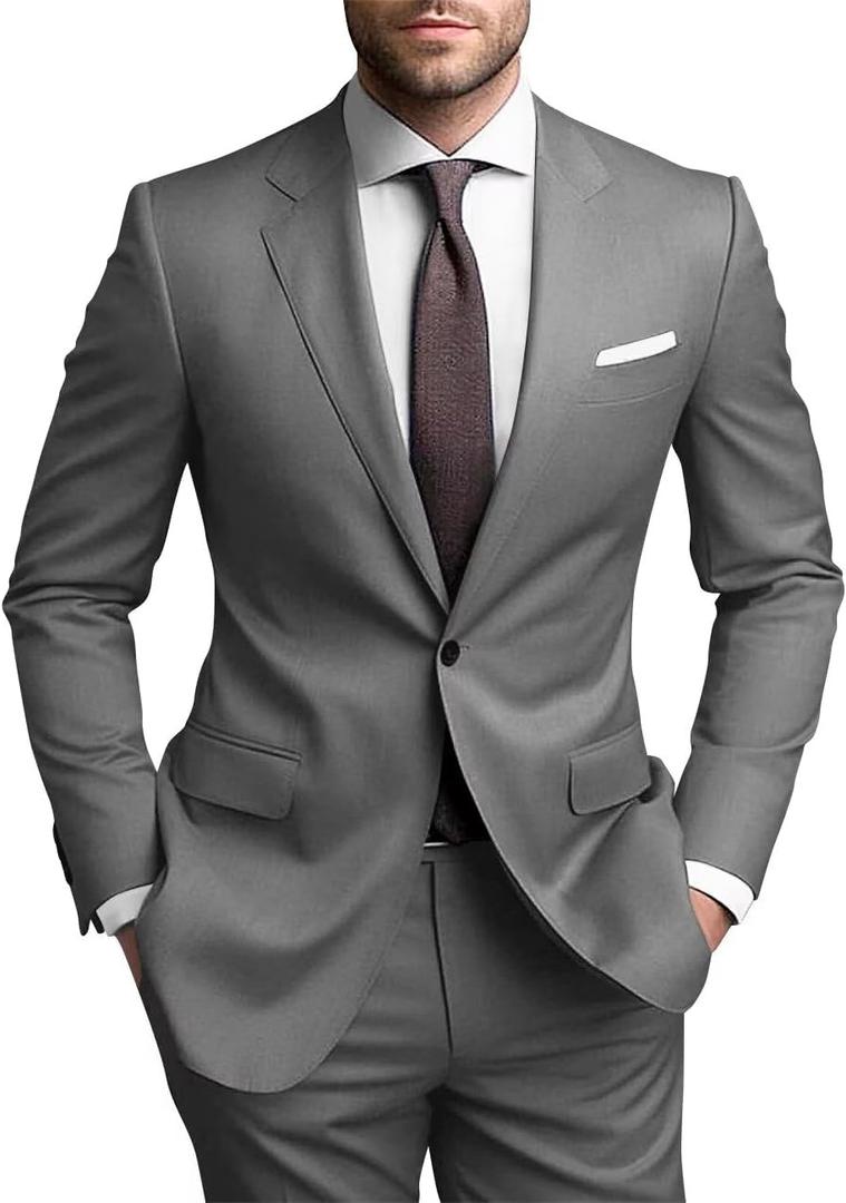 SHUZHXLZANGY Mens Suits Regular Fit 2 Piece Suit for Men Wedding Prom Business Formal Suit (Large, Grey)