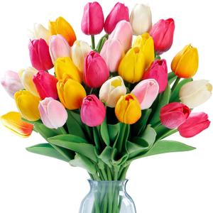 Sggvecsy 30 Pcs Fake Tulips Artificial Flowers Real Touch PU Faux Flowers Tulip Stems for Wedding Spring Bouquet Floral Arrangement Home Office Party Decorations for Mother's Day (Multi Colors)