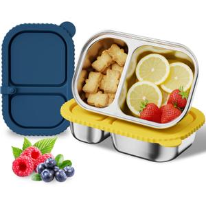 2 Pack Stainless Steel Snack Containers with Silicone Lids, Snackle Pack Containers, Reusable 2 Compartment Snack Box, Food Storage Containers Box for School, Office, Picnic