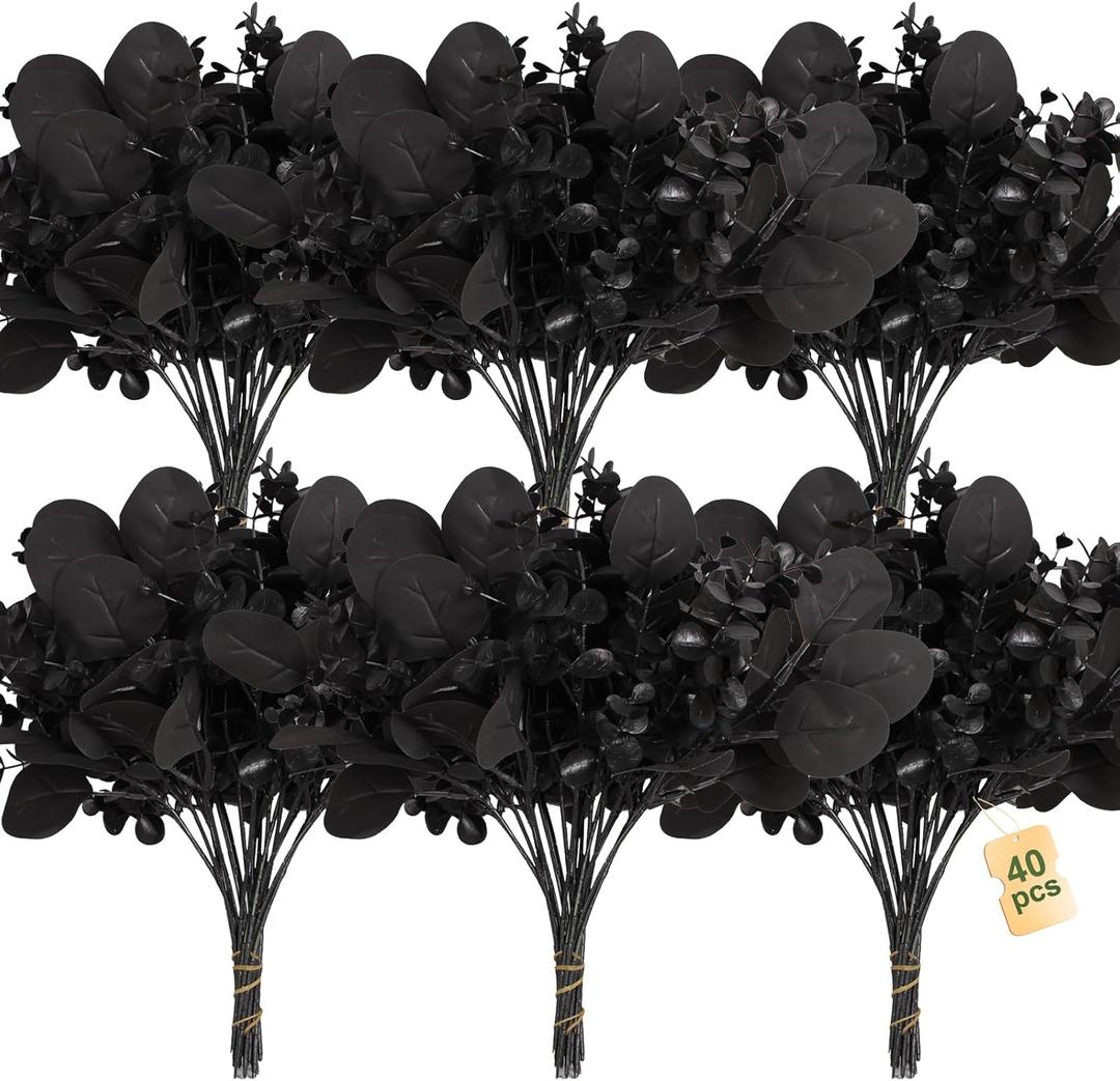 ZeKonan 40 Pcs Artificial Black Eucalyptus Stems, Fake Eucalyptus Leaves Branches Bouquet for Flower Arrangement DIY, Black Silk Flowers for Home Halloween Farmhouse Decor