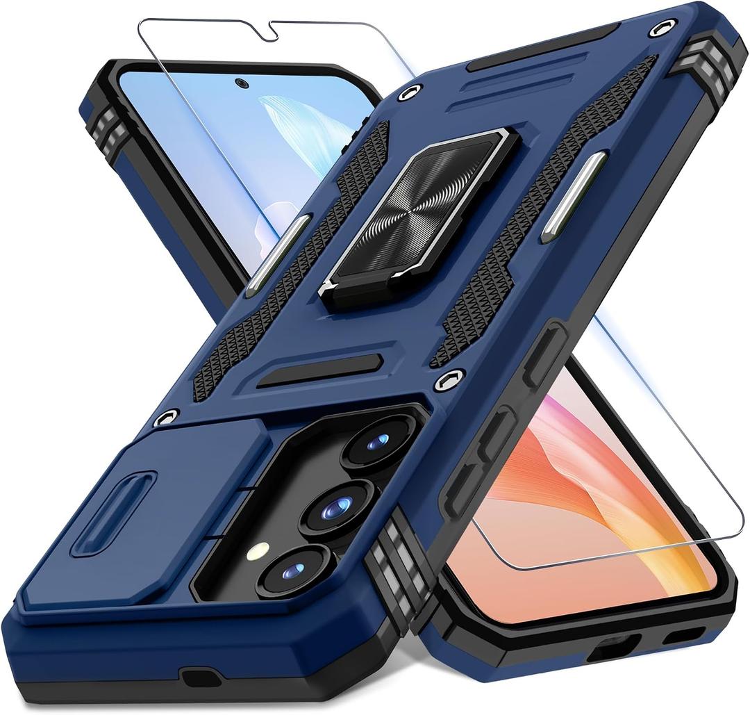 2 x DEERLAMN Case for Samsung Galaxy S25 FE 6.7-Inch with Slide Camera Cover+Screen Protector(1 Pack), Rotated Ring Kickstand Military Grade Shockproof Protective Cover-Navy Blue