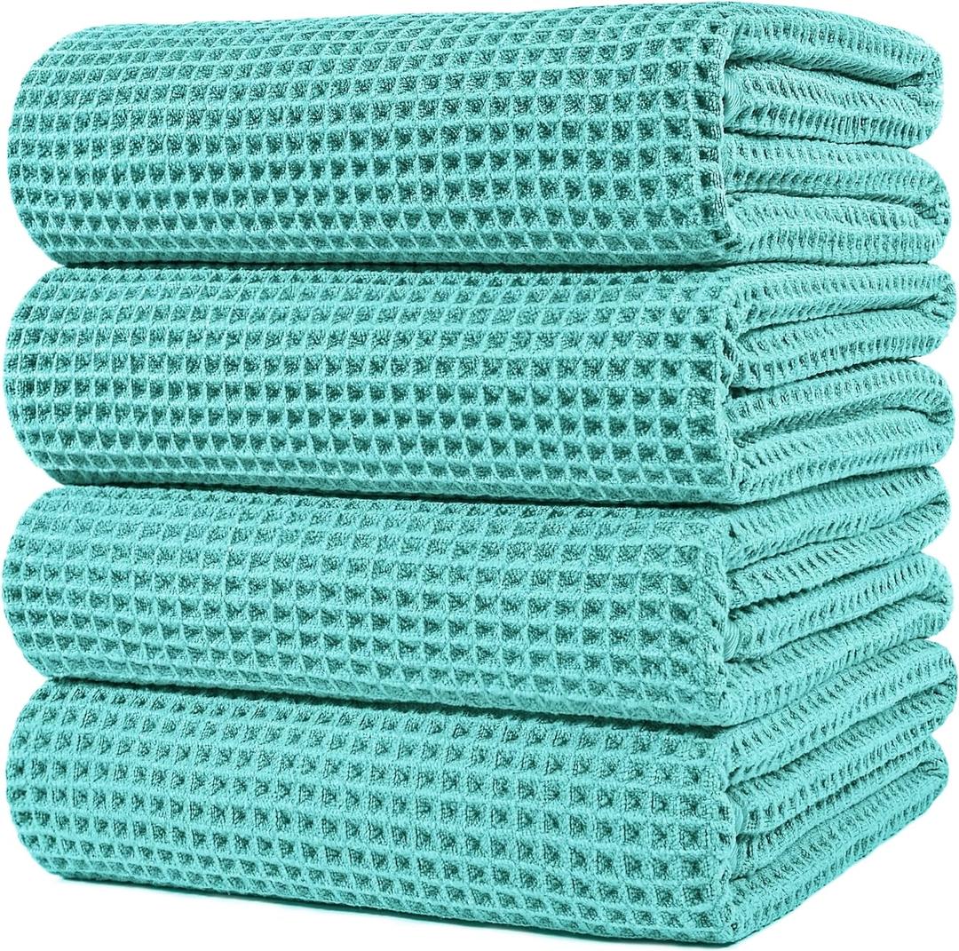 POLYTE Microfiber Oversize Quick Dry Lint Free Bath Towel, 60 x 30 in, 4 Pack (Aqua, Waffle Weave)