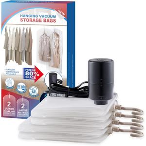 Hanging Vacuum Storage Bags, 4 Pack Hanging Storage Bags for Clothes With Electric Pump, Vacuum Sealed for Suits, Dress, Jackets (2 Long, 2 Short)