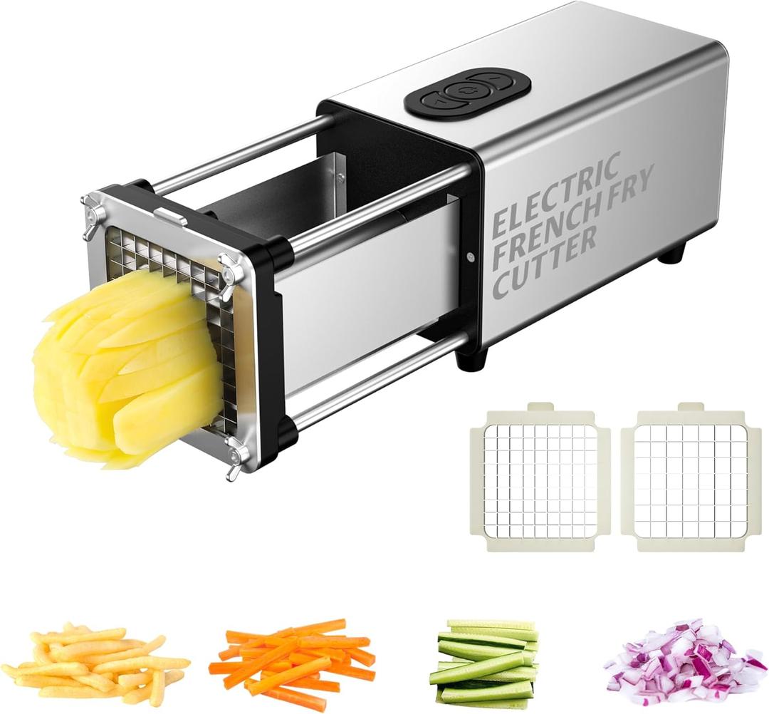 SIXRARI Electric French Fry Cutter, Automatic Potato Cutter Stainless Steel with 1/2 & 3/8 Inch Blade,Vegetable Cutter,Commercial and Household Potato Slicer, Use for Potatoes Onion Cucumbers (Silver)