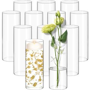 12 Pack Glass Cylinder Vases for Centerpieces 10 Inch Tall Clear Flower Bulk Vase Hurricane Floating Candle Holder for Table Home Decor Wedding Holiday Floral Shelf Party Dining Decoration