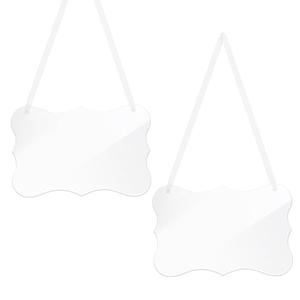 AHANDMAKER 2 Pc Clear Acrylic Hanging Sign, 8.86x5.79 DIY Blank Names Custom Card Labels for Elegant Wedding Chair Signs with White Satin Ribbon for Wedding Dinner Parties, Food Signs, Banquet Events