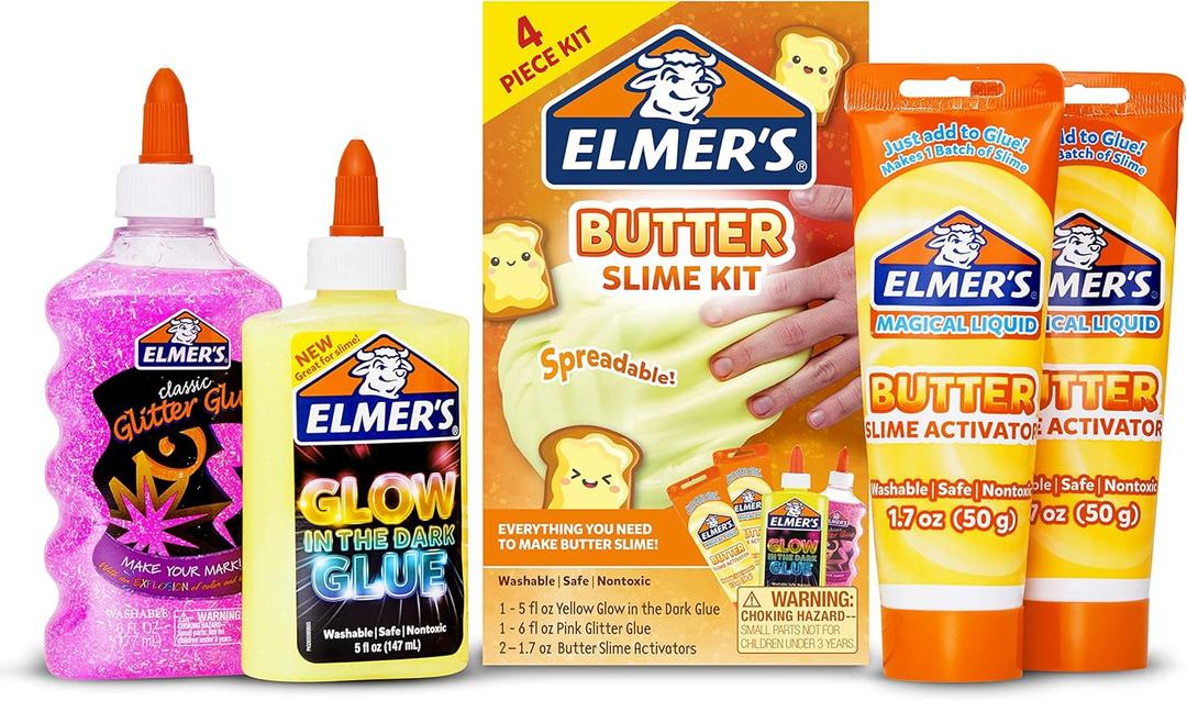 Elmers Butter Slime Kit, Includes Glow in the Dark Glue, Glitter Glue, Slime Activator, 4 Count - Kids Activity, Creative Fun, Arts & Crafts