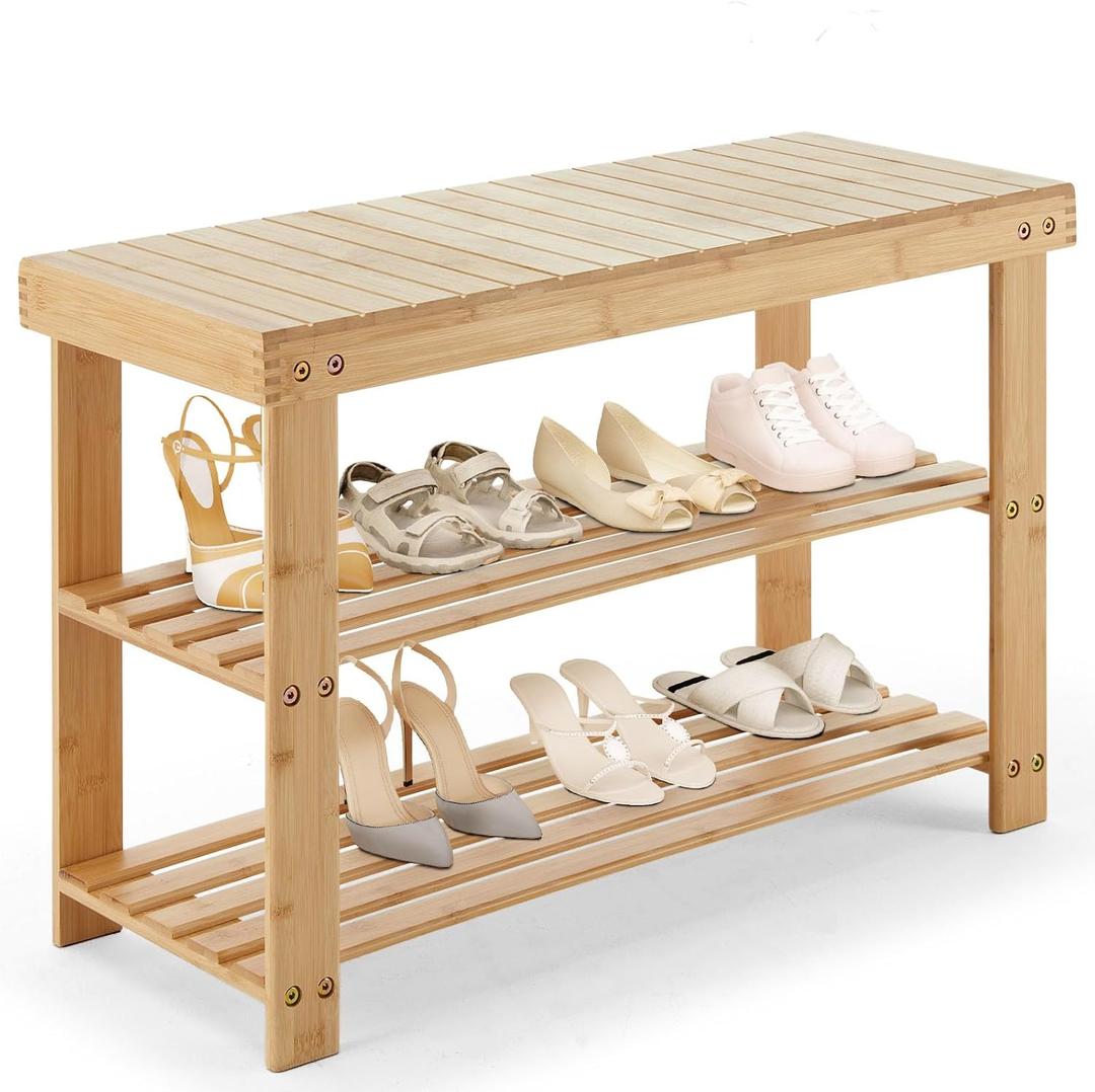DUMOS Shoe Rack Bench with Storage, 3-Tier Bamboo Entryway Benches, Wooden Shoe Rack Holds Up to 286 lb Storage Organizer, Suitable for Bedroom Living Room Balcony, Classical Wood, 27 inches