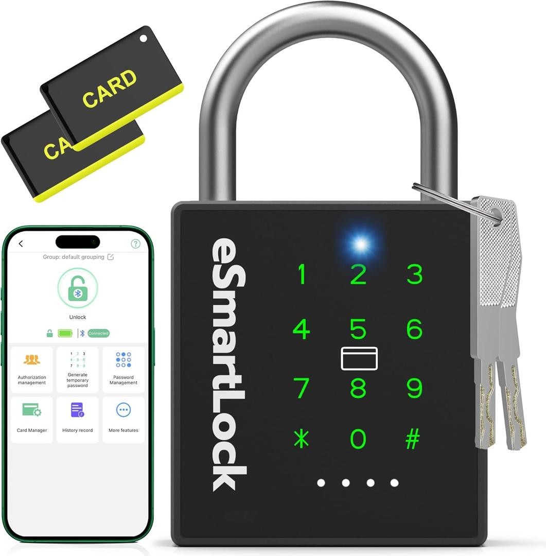 New Smart Padlock with Key, Heavy Duty Combination Padlock, RFID Pad Lock with Codes Bluetooth APP Access, Outdoor Waterproof Electronic Key Lock for Gate Fence Shed Locker Garage Garden , 2.5 x 1.1 x 4.6 inches New Smart Padlock with Key, Heavy Duty Combination Padlock, RFID Pad Lock with Codes Bluetooth APP Access, Outdoor Waterproof Electronic Key Lock for Gate Fence Shed Locker Garage Garden , 2.5 x 1.1 x 4.6 inches