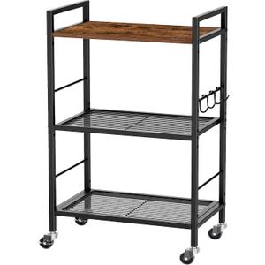 3-Tier Metal Storage Rack with Industrial Wheels,Mesh Shelving Unit with Wooden Table top,Adjustable Shelf,16.9-Inch Width,for Kitchen,Laundry,Pantry,Plant,Black