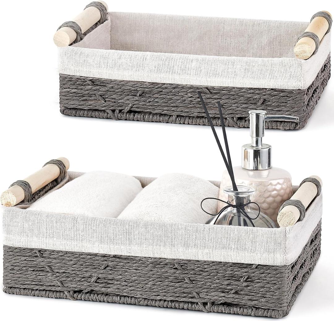Mkono Woven Storage Basket Wicker Baskets for Organizing Toilet Paper, Decorative Bins with Handle for Toilet Tank Top Countertop Shelves, Decor for Bedroom Living Room Apartment, Set of 2, Grey