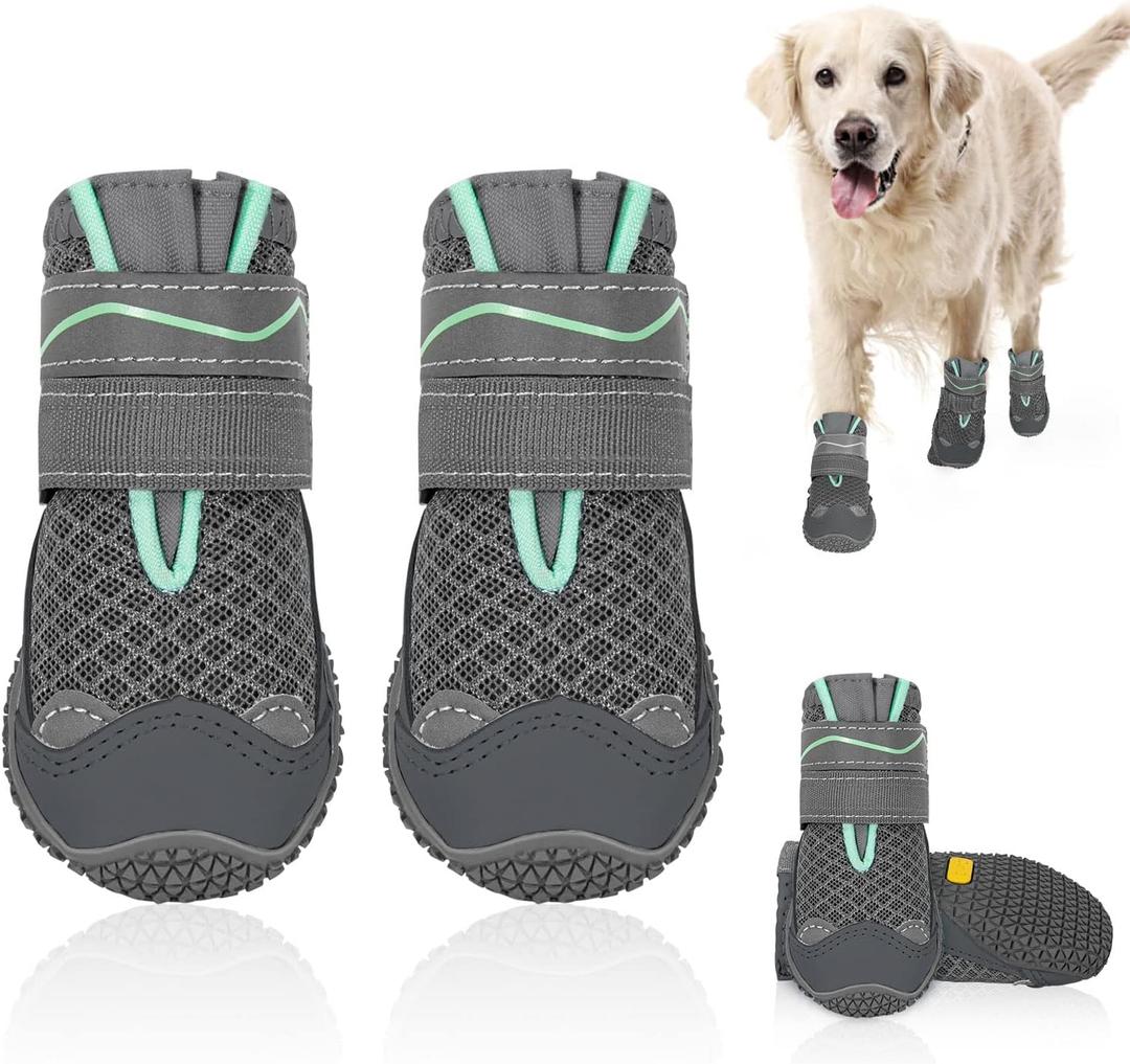 SlowTon Dog Shoes for Large Small Medium Dogs - Breathable Dog Boots for Summer Hot Pavement, Paw Protector for Outdoor Walking Winter Snow, Anti-Slip Rubber Dog Booties for Hardwood Floor (GY, 6)