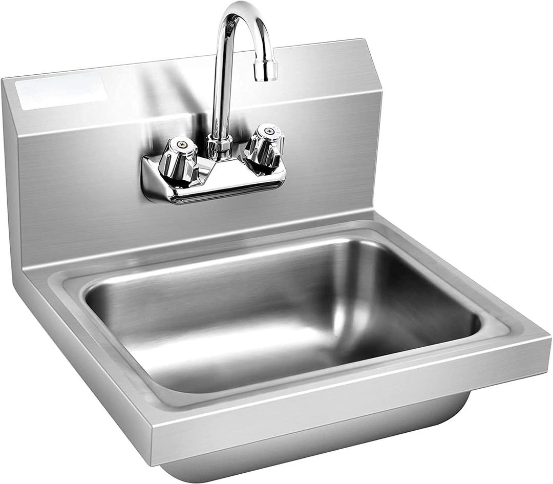 PETSITE Stainless Steel Hand Wash Sink with Faucet, Commercial Wall Mount Sink for Home Kitchen 17 x 15 Inches