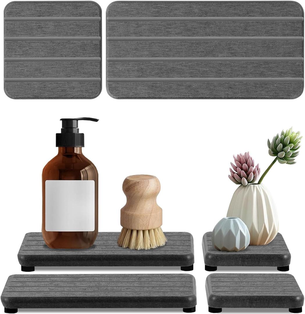4PCS Fast Drying Diatomite Stone Soap Tray for Bathroom and Kitchen, Vanity Tray, Water Absorbing Coaster (Dark Gray 4stripes)
