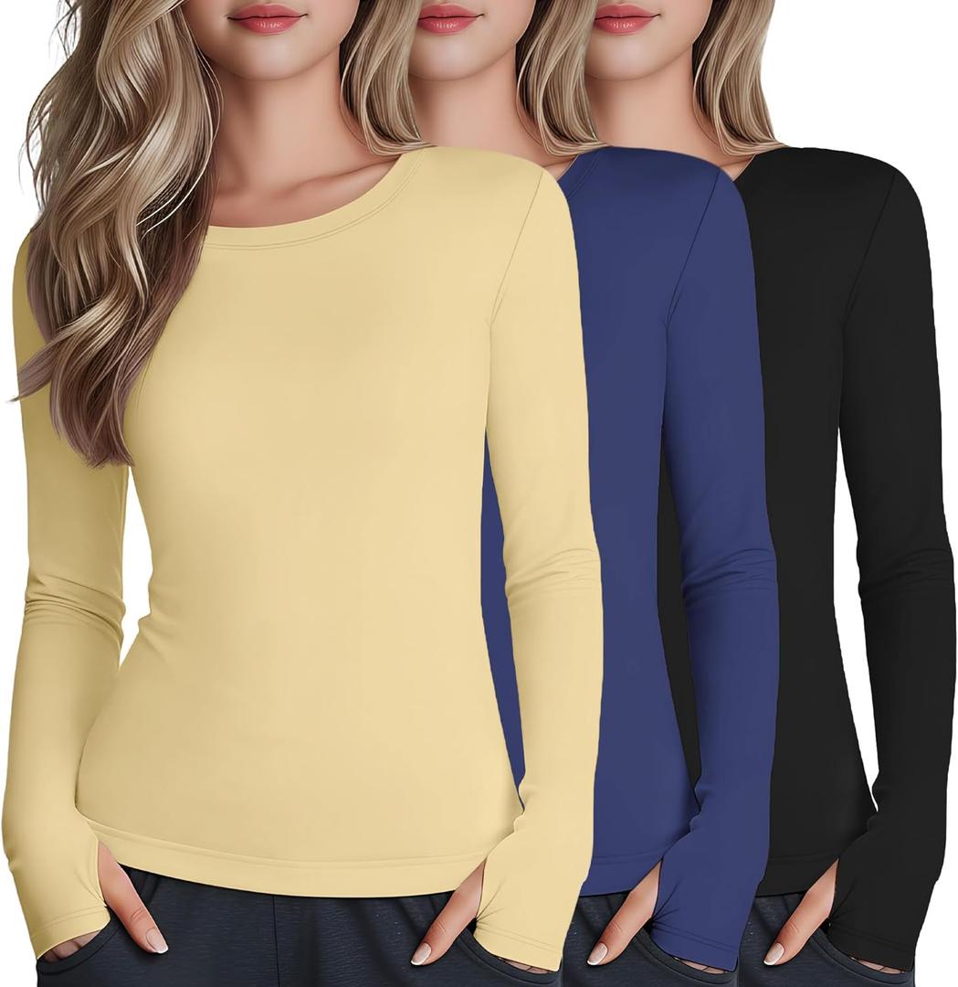 3 Pack Girl's Long Sleeve Athletic Shirts with Thumb Holes Compression Top Quick Dry Basic Activewear (9-10 Years, Yellow, Navy Blue, Black)