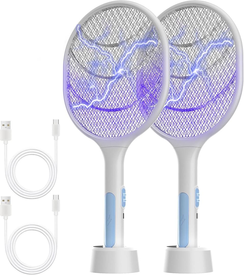 Bug Zapper 2 Pack, VANELC Electric Fly Swatter Racket Fly Zapper, 3000 Volt USB Rechargeable Fly Trap Mosquito Zapper Pest Insects Control for Home, Kitchen, Office, Outdoor (White)
