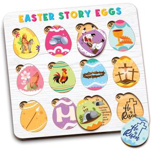 Easter Story Eggs - Resurrection Eggs Easter Story - 12 Wooden Egg Puzzle with Matching Religious Story - Resurrection Gifts for Kids - Christian Toddler Gifts - Christian Basket Stuffer for Kids (Rectangular White)