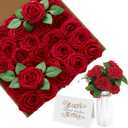 Red Roses Artificial Flowers, 30PCS Fake Roses Bulk, Artificial Roses with Stems, Real Looking Faux Flowers with Rose Buds and Card, DIY Bouquets for Wedding, Party, Home Decorations