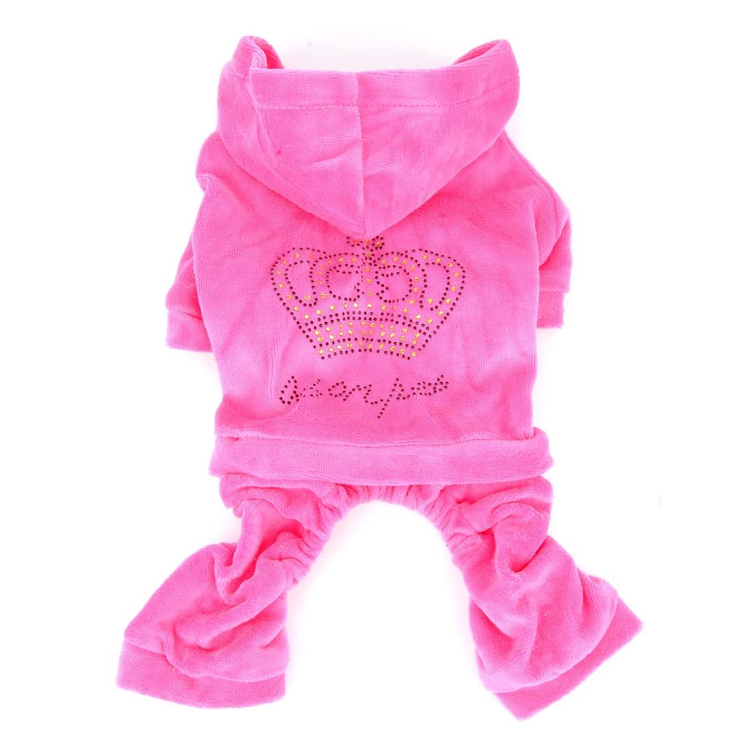 Rhinestone Crown Soft Velvet Dog Hoodie Jumpsuit for Dog Cat Puppy Winter Hooded Pajamas Tracksuit Outfits Pink 