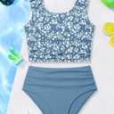 Girls Tankini Swimsuit 2 Piece Bathing Suit Twist Cross Back Cutout Swim Tank Top Floral Print Swimwear for 13-14Y