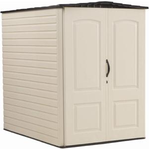 Rubbermaid Large Vertical Resin Outdoor Storage Shed With Floor (6.2 x 4.6 Ft), Weather Resistant, Beige/Brown, Organization for Home/Backyard/Garden Tools/Lawn Mower/Bike Storage/Pool Supplies