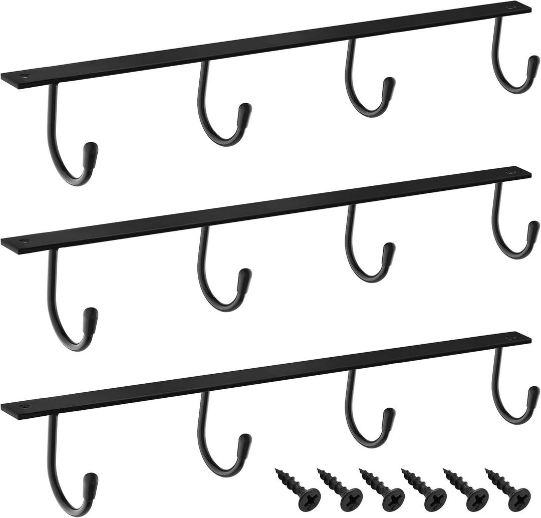 MOCOUM Under Cabinet Metal Mug Holder - Iron Hanging Rack for Coffee Cups and Kitchen Utensils Display (Black, 3)