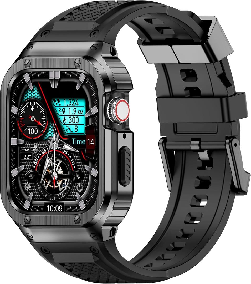 Band with Stainless Steel Case Compatible with Apple Watch Series 9 8 7 45mm Band, iwatch Bands Rugged Metal Protective Cover for Men (Grey)