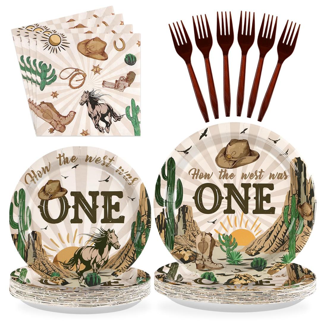 How the West Was One Party Decorations 350 GSM Western Cowboy 1st Birthday Plates and Napkins Tableware Set for Boys One Year Old First Rodeo Wild West Party Supplies