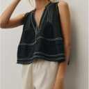 Women Y2k Embroidered Floral Swing Crop Tank Top Summer V Neck Linen Going Out Cropped Vest Beachwear (Black, L)