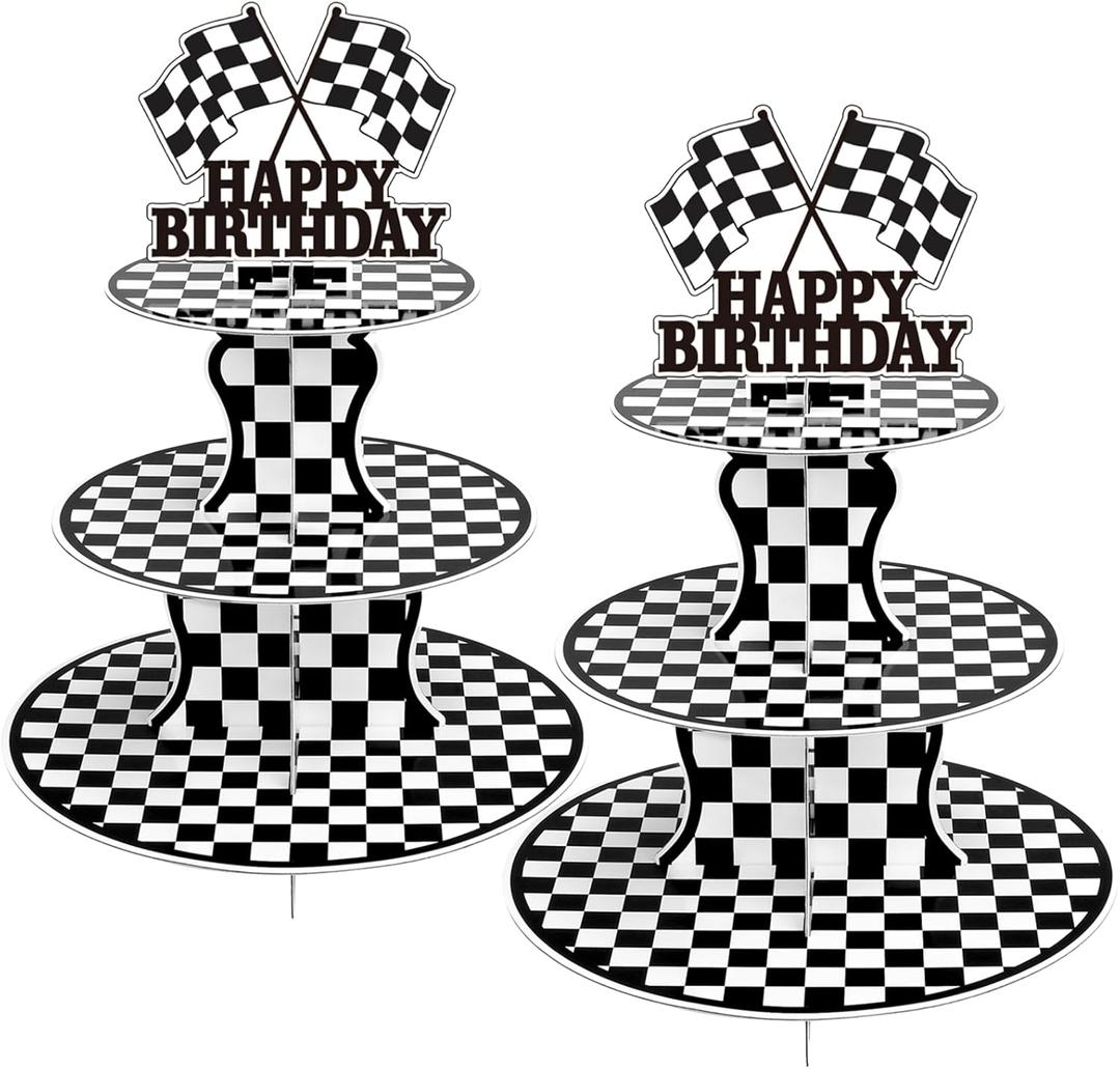 2 Pack Race Car Cupcake Stands Birthday Party Supplies, Two Fast Cars Decorations Truck Theme Favors - 3 Tier Cardboard Cup Cake Holder Tower