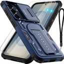Case for Samsung Galaxy S25/S24 with 2*Screen Protector, Slide Camera Cover, Kickstand, Lanyard Strap, Dual Layer Rugged Non-Slip, Blue