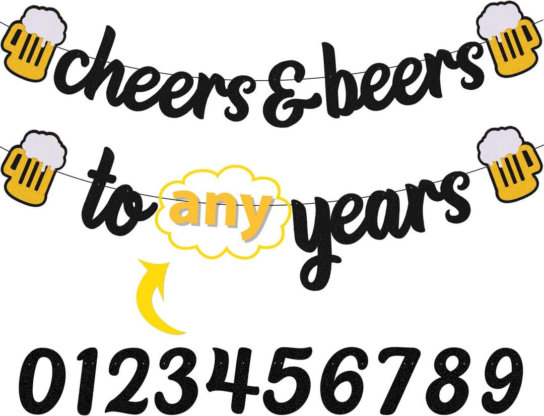 Cheers 21 30 35 40 50 60 70 80 90 Years Banner Happy Birthday Decorations for Men Women Him Her Any Years Old Birthday Anniversary Party Supplies Sparkle Black Decor