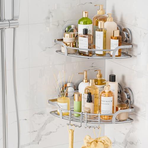 LEVERLOC 2 Pack Powerful Suction Cup Corner Shower Caddy, Stainless Steel Rustproof Shower Shelf with Hooks, Drill-Free Wall Mounted Bathroom Organizer, Large Capacity Removable Suction Basket, Silver