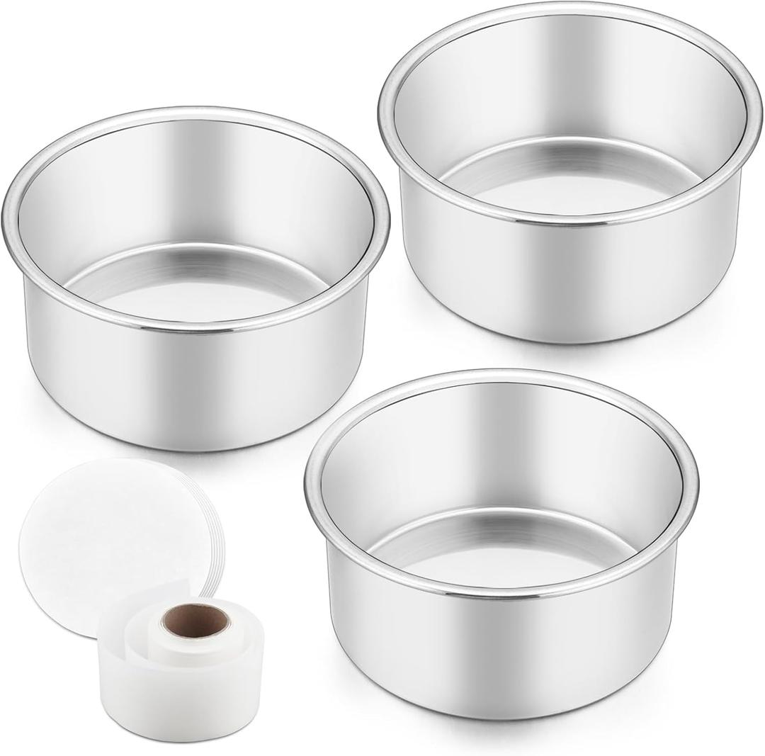 TeamFar 4 Inch Cake Pan, Stainless Steel Mini Cake Pan Small Round Baking Tins Set, For Baking Steaming Serving, Non-Toxic & Sturdy, Easy Clean & Dishwasher Safe, Set of 3