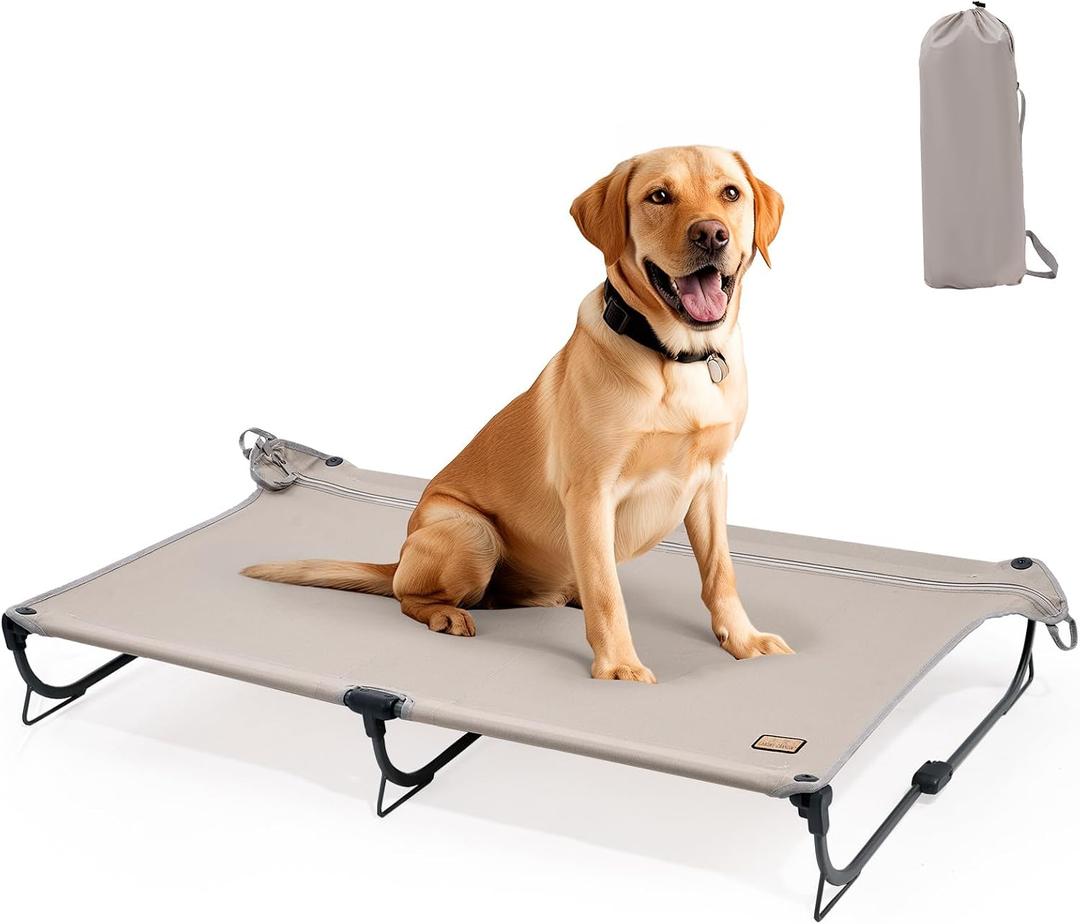 CANINE CANYON Daisy Cot, Large Foldable Elevated Dog Bed, Portable Raised Outdoor Folding Dog Cot, Cooling, Chew Proof, Waterproof, Heavy Duty Up to 160 Lbs for Camping/Home, Brown, 43"x27"x7