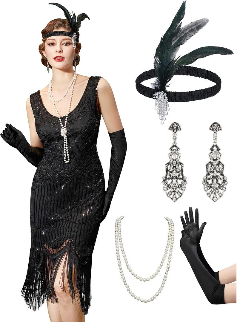 YESSA Flapper Dresses 1920s Gatsby Dress for Women Roaring 20s Costumes Fringed Sequin Cocktail Dress with 20s Accessories (Black) L